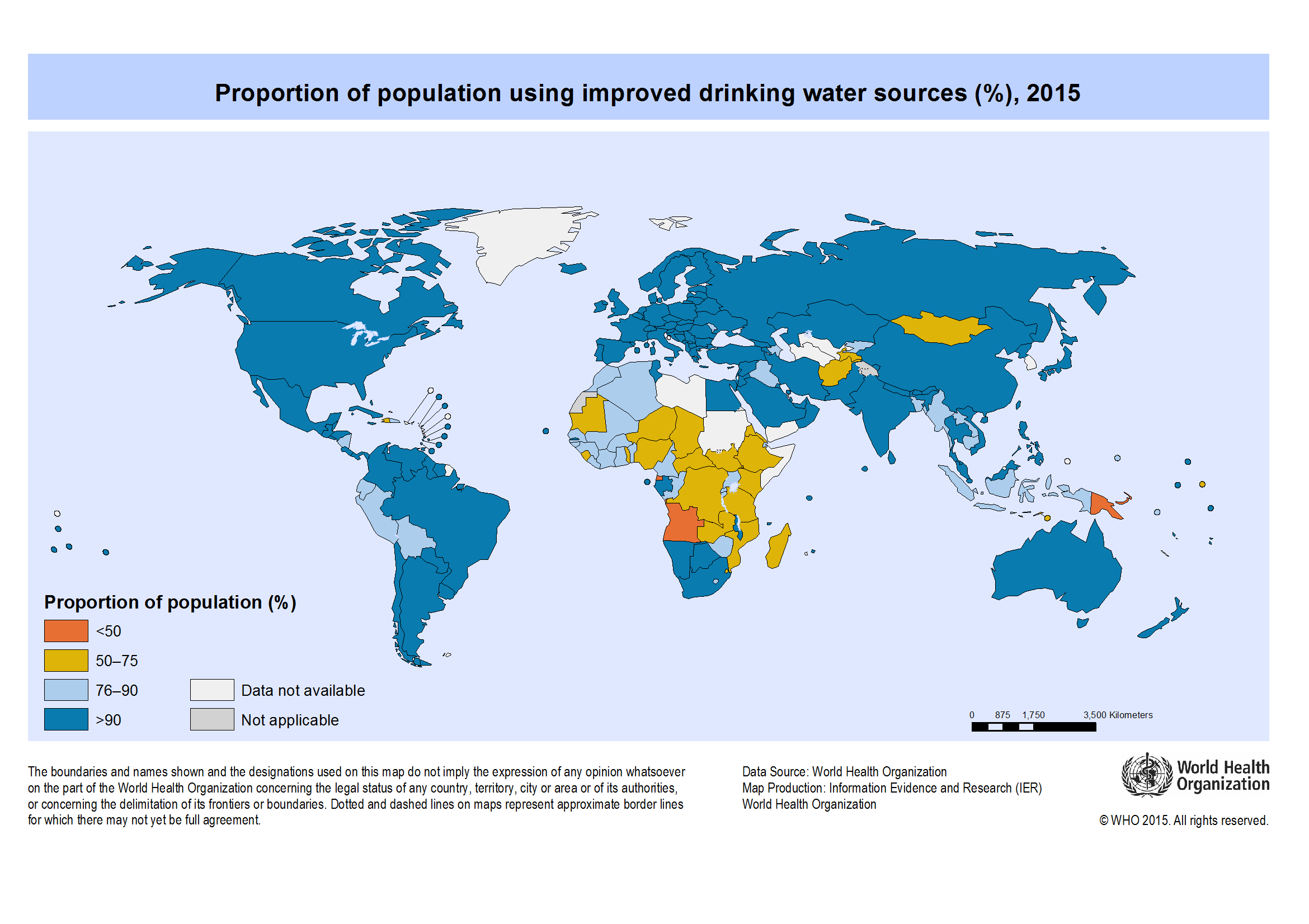 Proportion of population using improved drinking water sources (WHO, 2015).