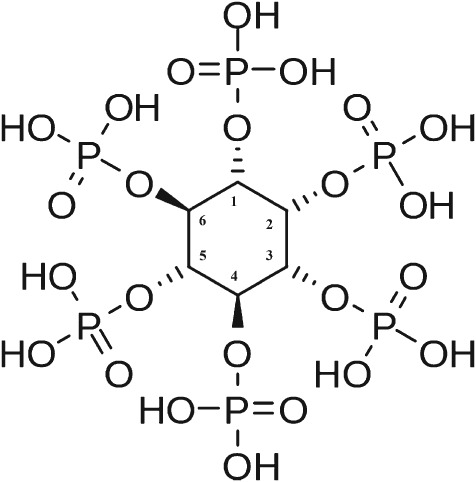 Structure of phytate (myo-inositol, 1,2,3,4,5,6-hexakisphosphate (IP6, IUPAC).
